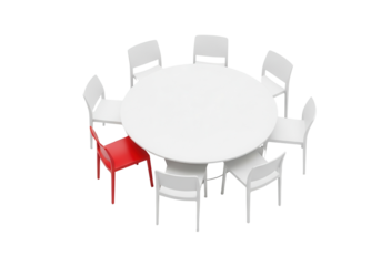 White round table surrounded by white chairs with one red chair isolated PNG with Transparent Background
