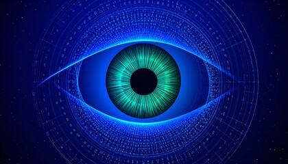 A digital eye, its pupil a vibrant green, is surrounded by a complex network of glowing binary code.