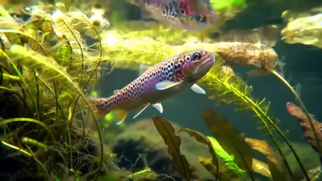 Trout swimming amongst aquatic plants