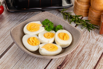 Boiled chicken eggs with bright yolk