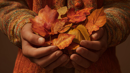 First Day of Autumn, close-up of hands holding freshly picked autumn leaves