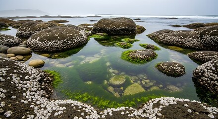 Coastal tide pool scene featuring rocks, water, and marine life under a cloudy sky.