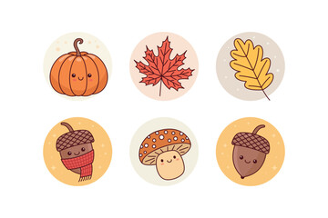 Adorable Kawaii Autumn Icons Featuring Seasonal Elements With Cute Expressions