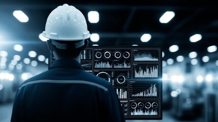 Modern factory worker utilizing advanced touchscreen interface for streamlined - Powered by Adobe