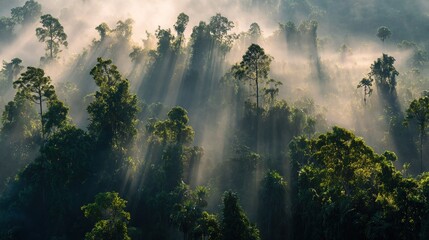   A forest brimming with towering trees bathed in sunlight streaming from tree tops