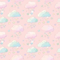 Seamless Pattern, Whimsical clouds raining pastel hearts seamless pattern on a soft pink background Stock royalty free image.
