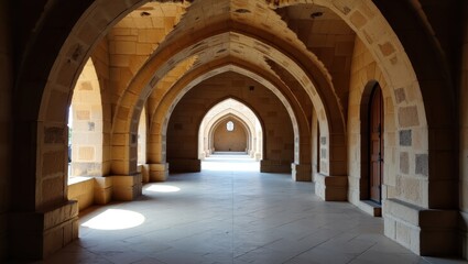 Obraz premium A sunlit colonnaded walkway with arches, showcasing a serene and timeless architectural style.