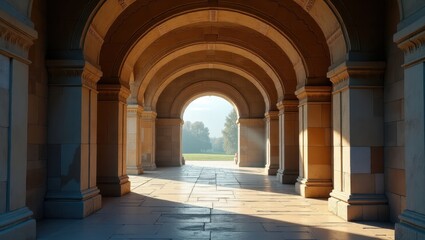 Fototapeta premium A sun-drenched colonnade with arched passageways, showcasing light and shadow on the stonework.