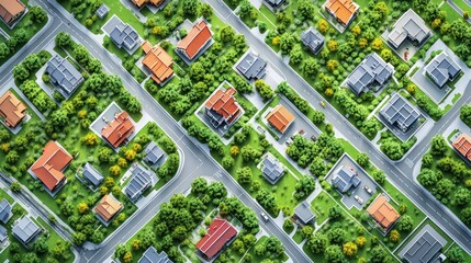 Aerial view of a residential neighborhood with houses, streets, and greenery.