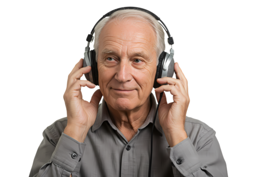 Senior Man Listening to Music with Headphones isolated on transparent background