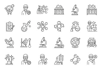 Discover groundbreaking research and scientific innovation with these essential laboratory icons, perfect for modern educational and medical presentations