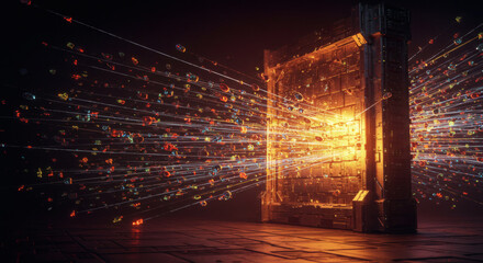 Digital data streams flowing into a glowing, intricate portal with a futuristic architectural structure and a dark, reflective floor, creating an abstract and energetic visualization