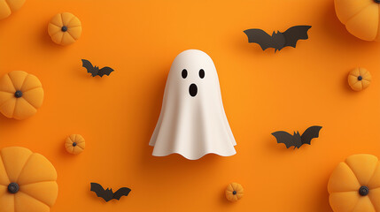 Halloween Ghostly Display: A ghostly white sheet figure amidst orange pumpkins and bats, perfect for Halloween. A creative and festive design for the holiday season.