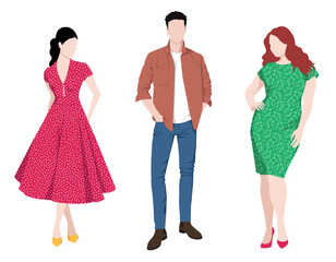1568_Vector fashion illustration of two young beautiful women of different body types and handsome young man