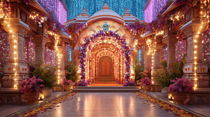 Maharaja Agrasen Jayanti, temple entrance decorated with lights and flowers for celebration