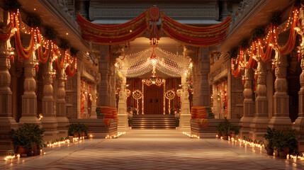 Obraz premium Maharaja Agrasen Jayanti, temple entrance decorated with lights and flowers for celebration