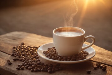 Tasse Kaffee mit Herz-Latte-Art und Kaffeebohnen bei sanftem Sonnenlicht