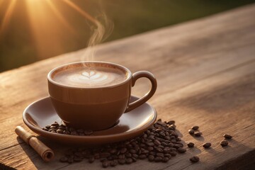 Tasse Kaffee mit Herz-Latte-Art und Kaffeebohnen bei sanftem Sonnenlicht
