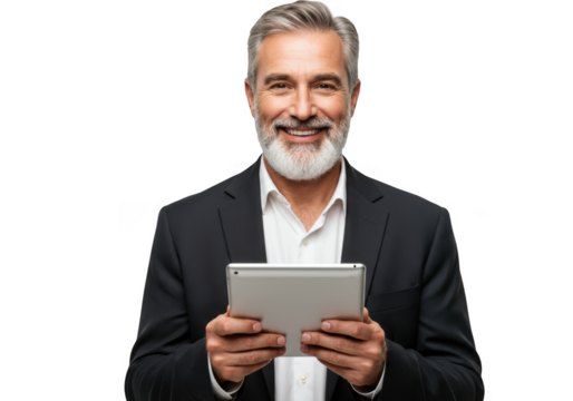 Smiling businessman holding a tablet isolated on transparent background