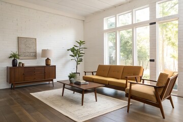 Bright living room with midcentury modern furniture and large windows