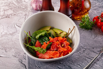 Dietary salad with salmon and avocado