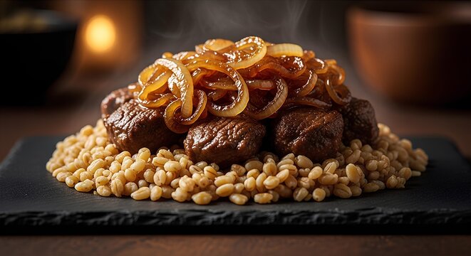 Jareesh wheat mixed with lamb, caramelized onions on top