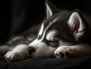 A small dog is sleeping peacefully on a dark surface. A close up view displays soft fur and delicate features. The dark background highlights the puppy.