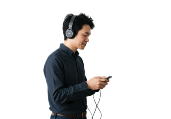 Young Man Listening to Music on Smartphone isolated on transparent background