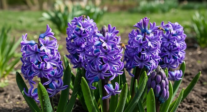 Vibrant Purple Hyacinth Flowers Blooming in Garden.
