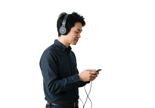 Young Man Listening to Music on Smartphone isolated on transparent background - Powered by Adobe