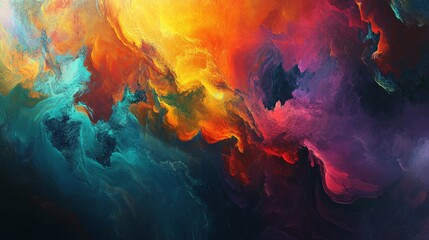Abstract art representing a vibrant nebula with swirling colors of teal, orange, red, and purple. The image displays dynamic, cloud like formations set against a dark, starry backdrop.
