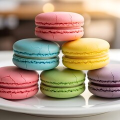 Obraz premium Close-up of colourful macarons stacked on a plate, showcasing delicate textures and pastel shades with a blurred warm background glow, cinematic dessert photography.