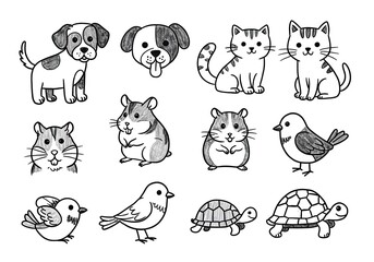 Fototapeta premium Charming hand-drawn collection of adorable pets and wildlife including dogs, cats, hamsters, birds, and turtles, perfect for creative projects.