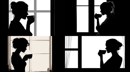 Silhouetted woman enjoying coffee near windows. Varied positions, light play creates mood