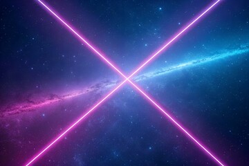 Crossed neon laser beams illuminate the vast expanse of the starry galaxy