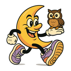 funny Retro Cartoon Moon Mascot with an Owl, Vintage Style Walking Crescent Character Vector Illustration