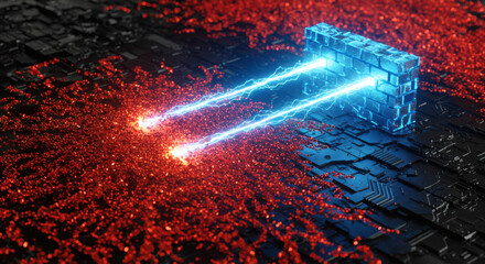 Glowing energy beams striking a sturdy digital firewall, illustrating powerful network security and cyber defense against threats on a complex, high-tech circuit backdrop
