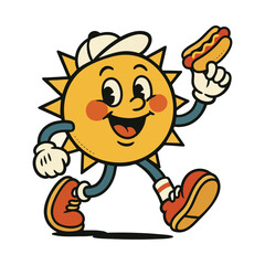 Retro Cartoon Sun Character Mascot with a Hot Dog, Vintage Style Summer Food Illustration