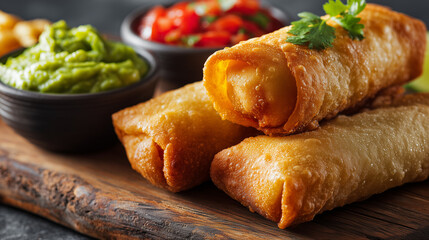 National Chimichanga Day, close-up of crispy golden chimichanga served with guacamole and salsa