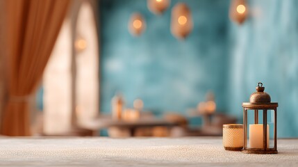 blurred image of a Middle Eastern cocktail lounge softly illuminated with amber lanterns, desert sand and teal palette