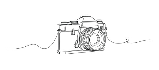 Monochrome single continuous line drawing of retro film camera. Outline stroke style drawing. Vector illustration.