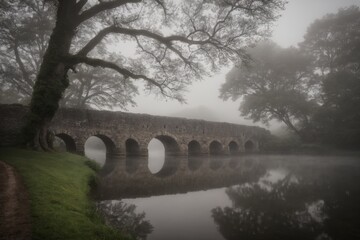 Verlassene Steinbr&uuml;cke in nebliger Landschaft mit Spiegelung im Wasser