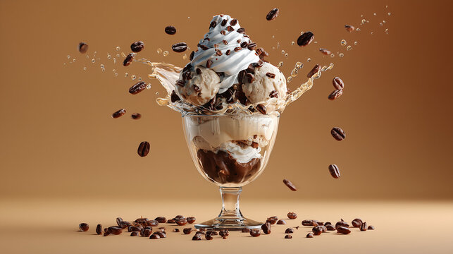 National Coffee Ice Cream Day, ice cream sundae with coffee ice cream, whipped cream, and chocolate shavings - Powered by Adobe