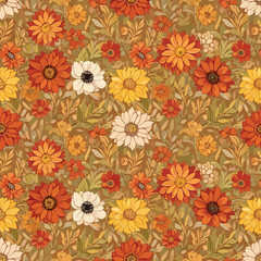 Seamless Pattern, Warm autumn floral pattern with orange, yellow, and white flowers design Stock royalty free