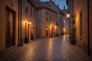 Fototapeta premium Verlassene Gasse mit historischen Steinwänden und Laternen bei Dämmerung