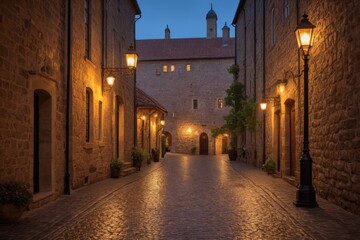 Fototapeta premium Verlassene Gasse mit historischen Steinwänden und Laternen bei Dämmerung