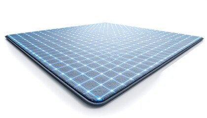 3D rendered square grid pattern.  Dark gray rectangular surface with glowing blue lines and dots