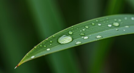 Captivating close-up of a fresh green leaf showcasing an array of glistening water droplets, reflecting the serene beauty of the natural world after rain