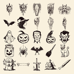 Halloween hand drawn line art clipart set 
