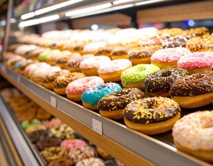 Colorful donuts on display shelves